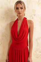 Ilene Red Jersey Cowl Neck Midi Dress