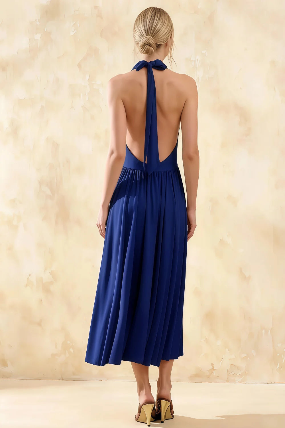 Vestido midi de cuello desbocado en punto de seda azul royal Ilene