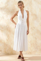 Ilene White Jersey Cowl Neck Midi Dress