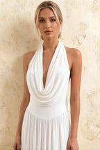 Ilene White Jersey Cowl Neck Midi Dress