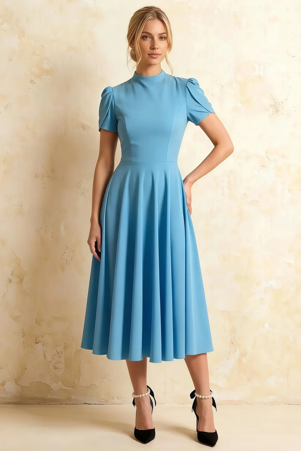 Vestido midi Iris azul bebé de crepé buzo con cuello alto
