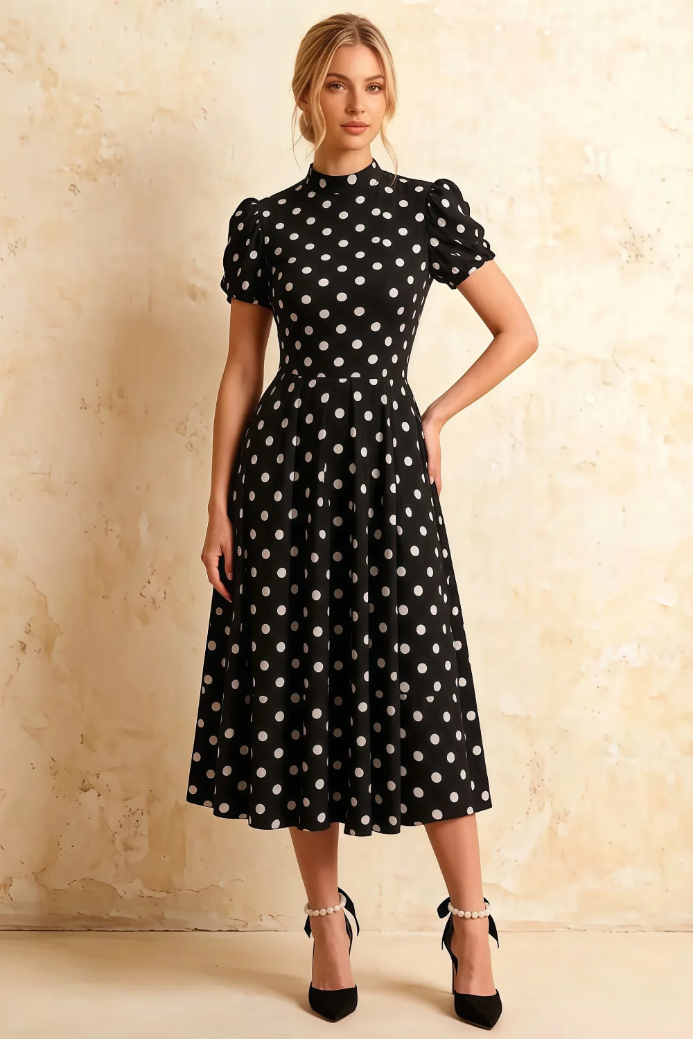 Vestido midi de cuello alto Iris negro con lunares