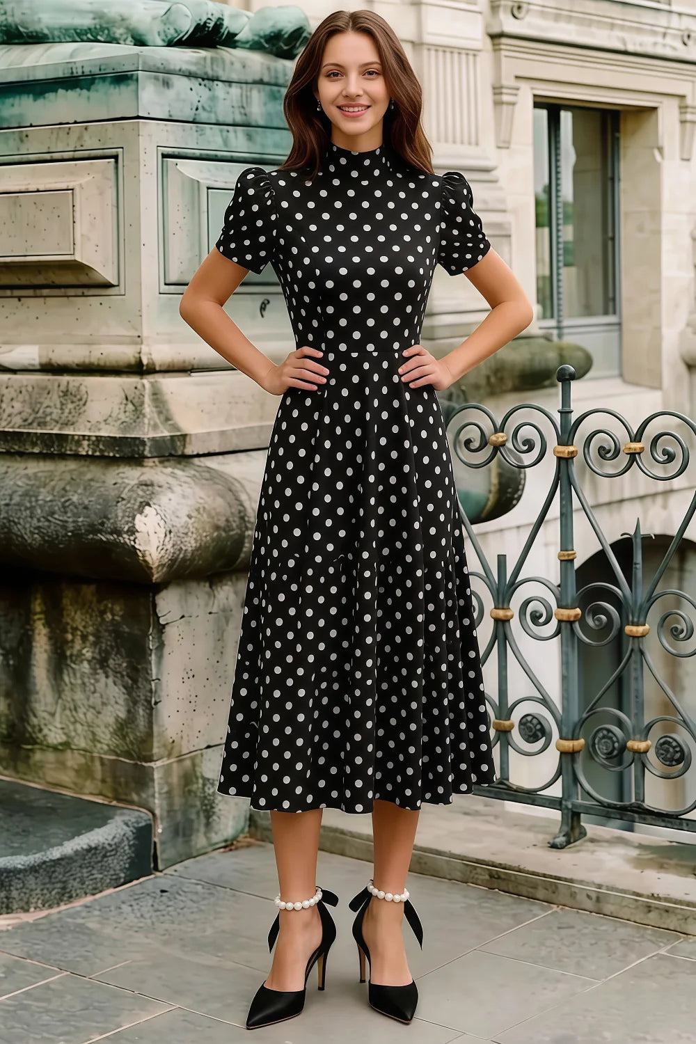 Iris Black Polka Dot High Neck Midi Dress