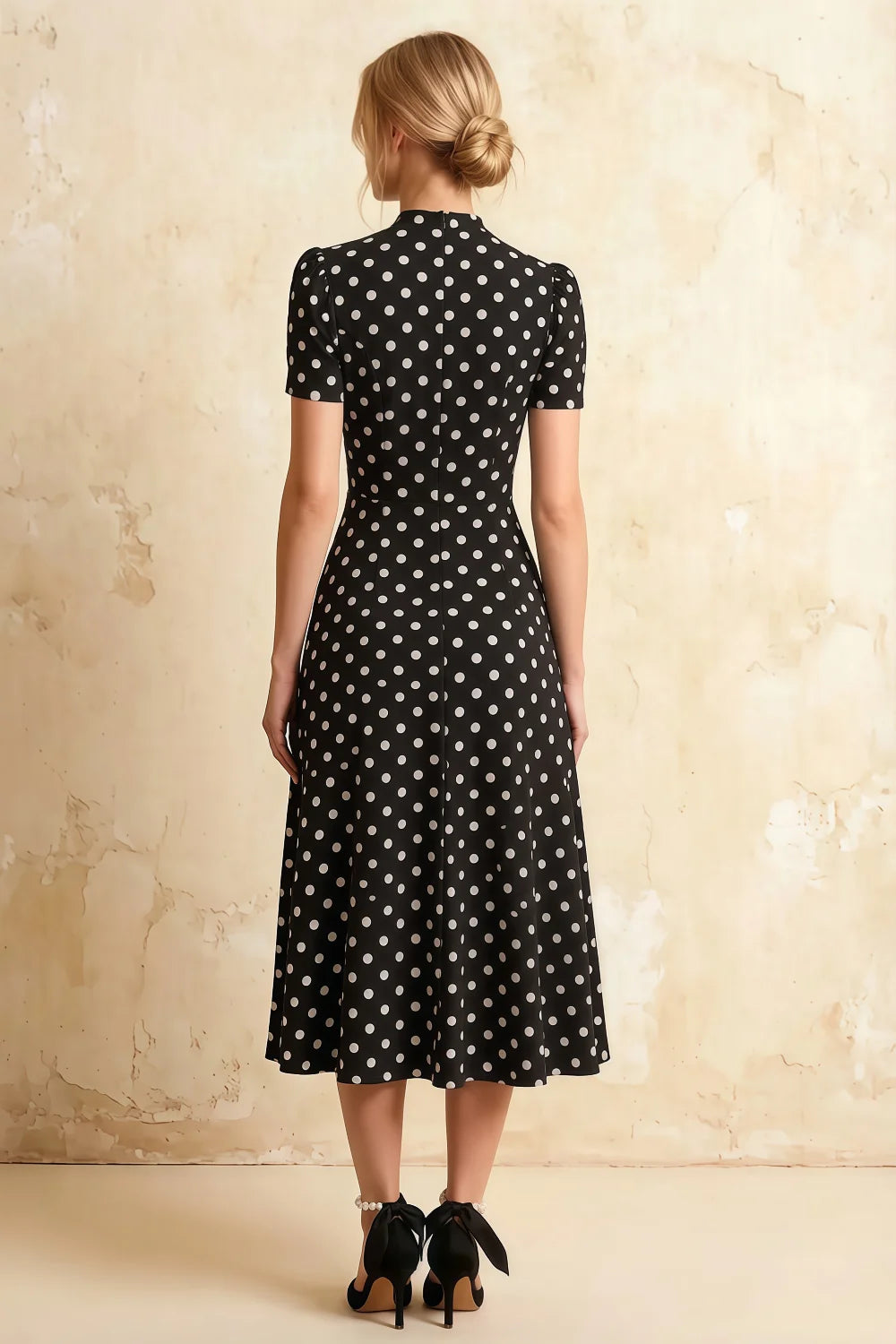 Iris Black Polka Dot High Neck Midi Dress