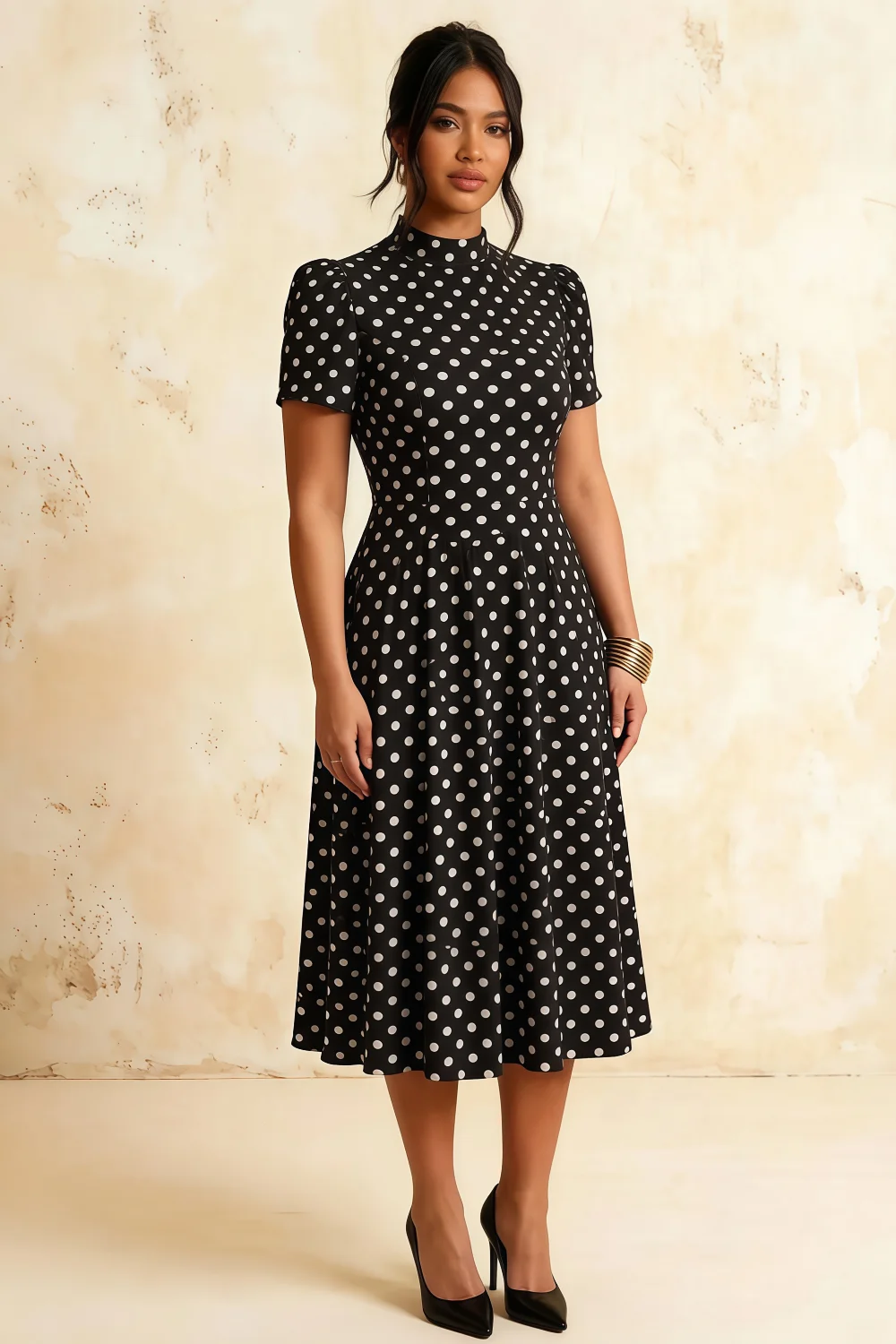 Vestido midi de cuello alto Iris negro con lunares