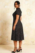 Iris Black Polka Dot High Neck Midi Dress