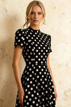 Iris Black Polka Dot High Neck Midi Dress