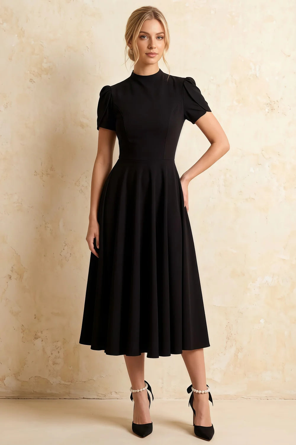 Vestido Midi de Cuello Alto de Neopreno Elástico Iris Negro