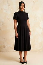 Iris Black Scuba Crepe High Neck Midi Dress