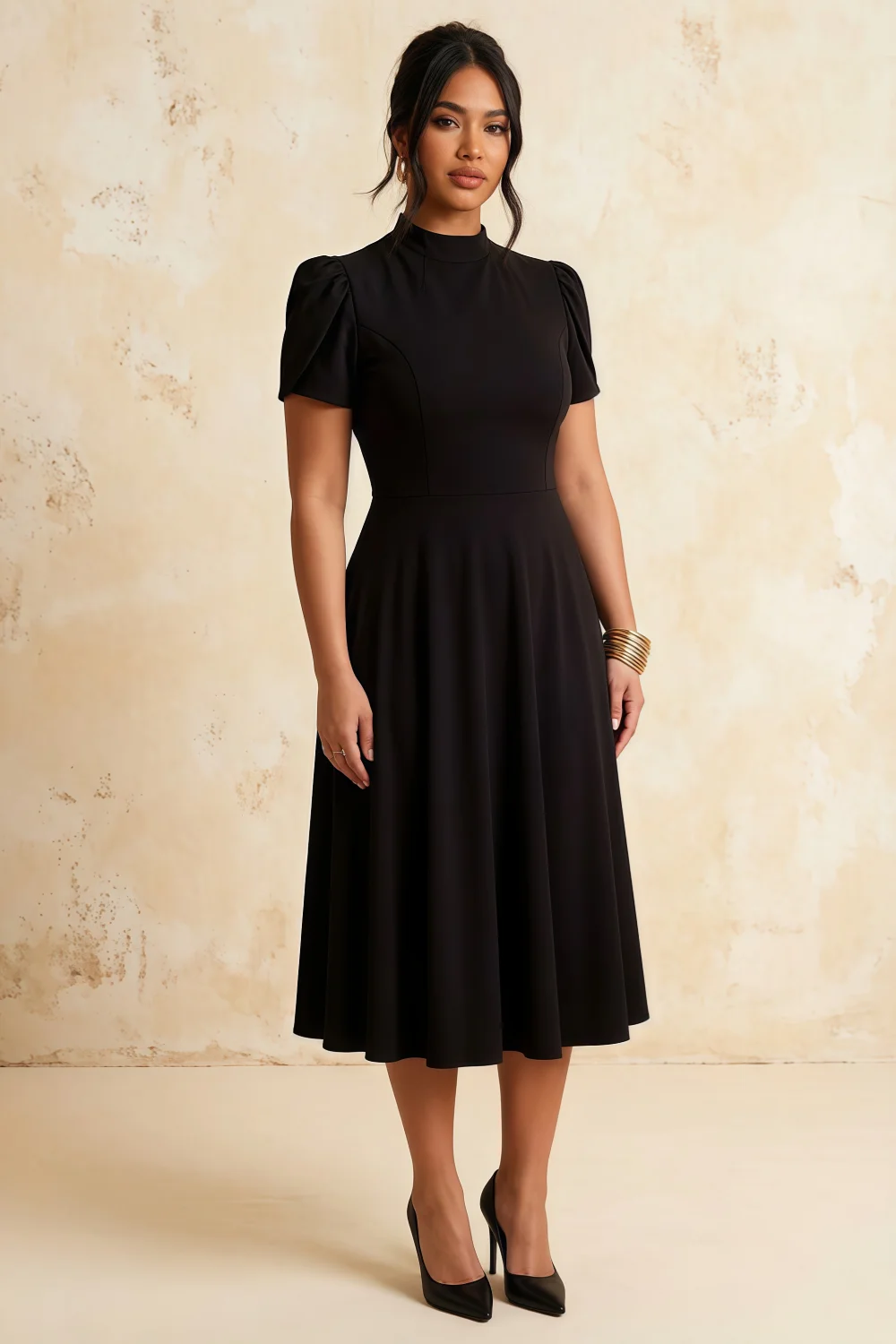 Vestido Midi de Cuello Alto de Neopreno Elástico Iris Negro