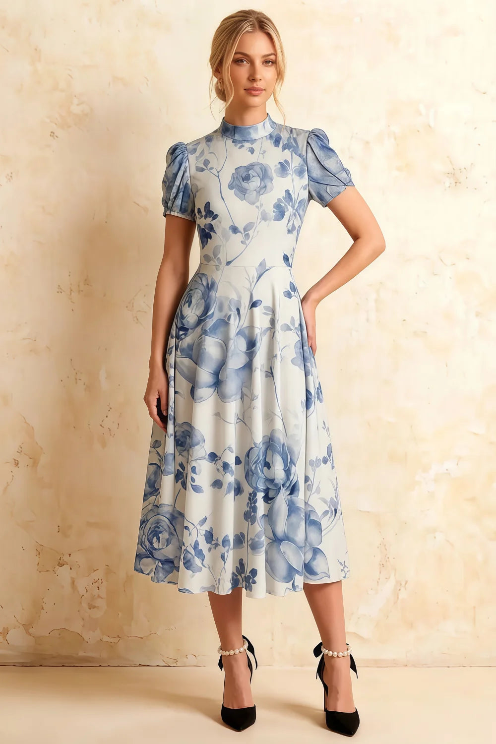 Iris Blue Floral High Neck Midi Dress