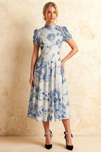 Iris Blue Floral High Neck Midi Dress