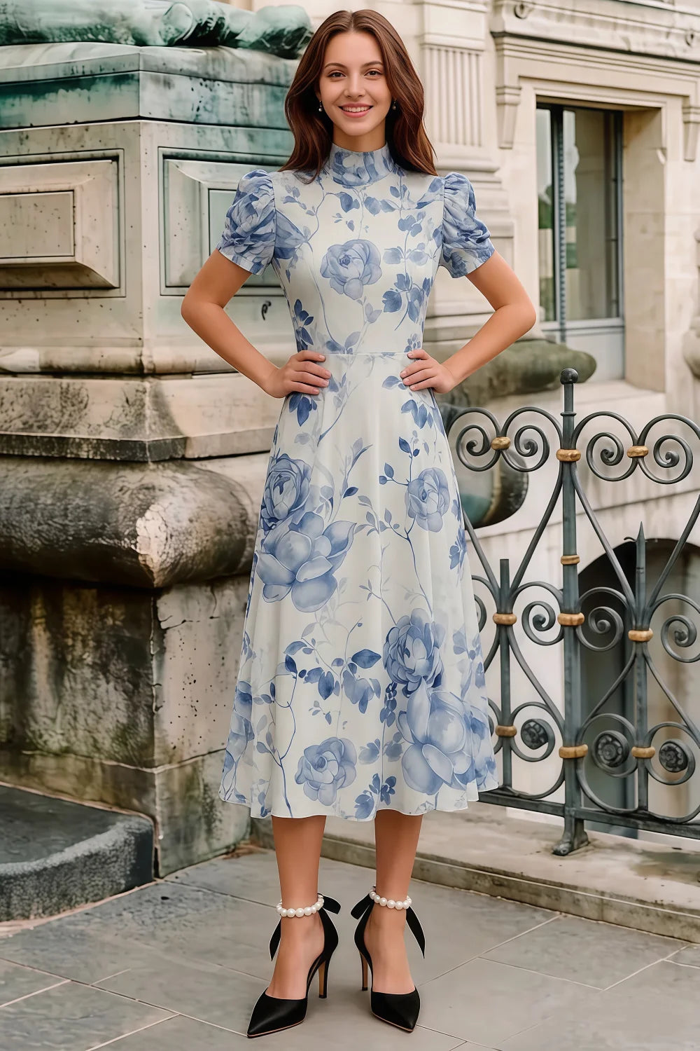 Iris Blue Floral High Neck Midi Dress