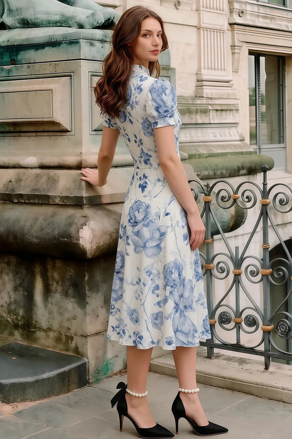 Iris Blue Floral High Neck Midi Dress