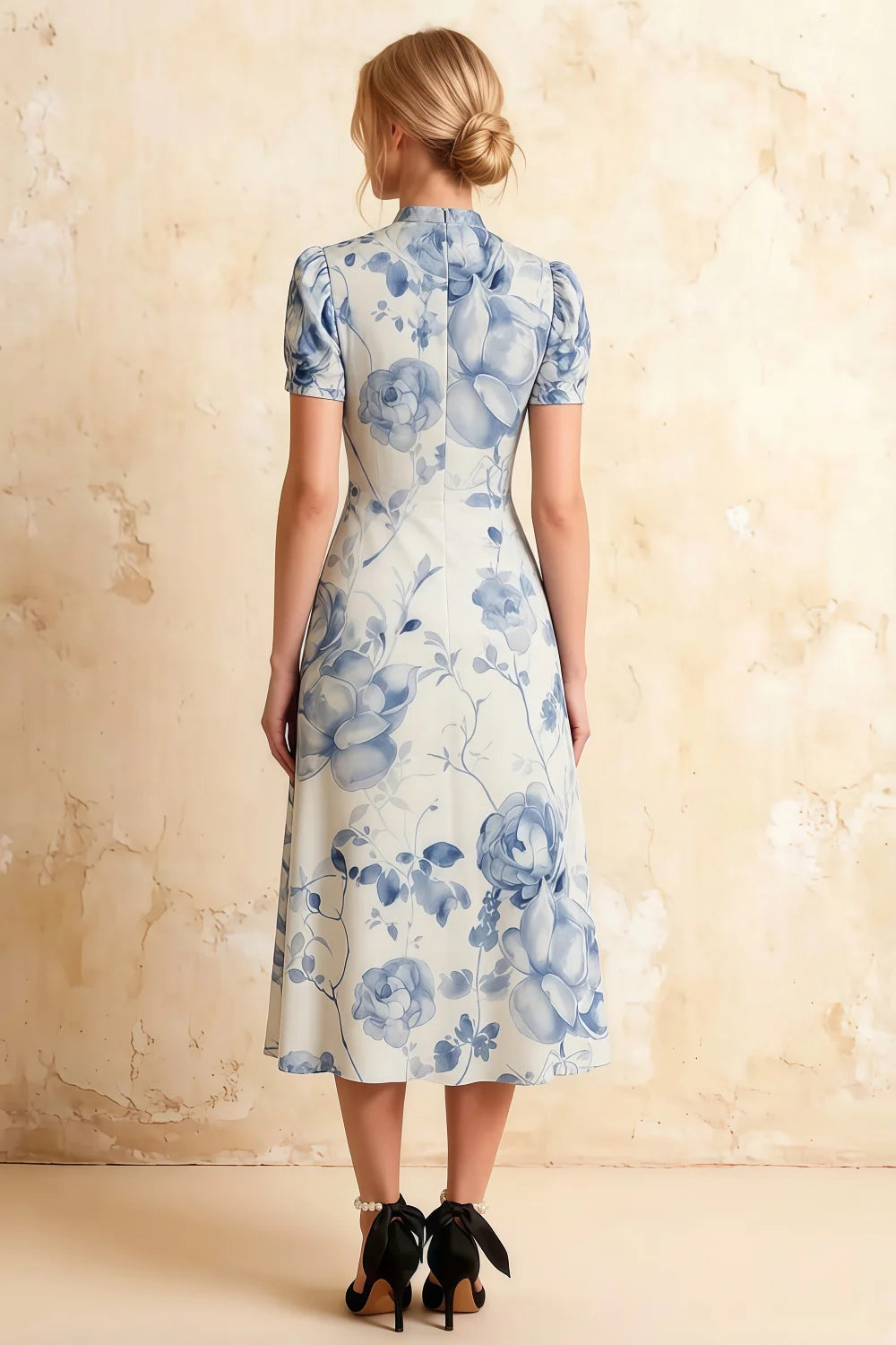 Iris Blue Floral High Neck Midi Dress