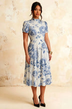 Iris Blue Floral High Neck Midi Dress