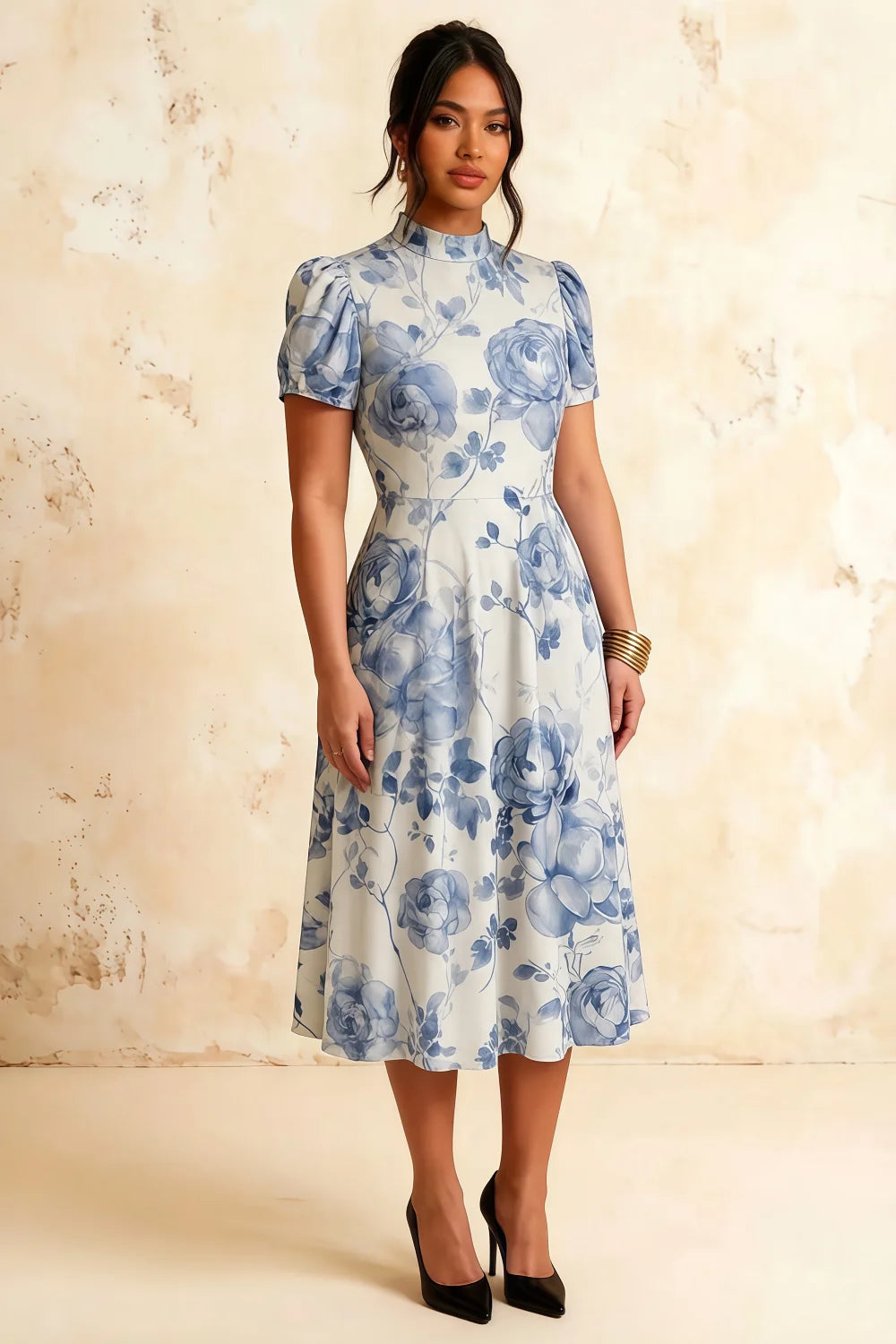 Iris Blue Floral High Neck Midi Dress