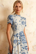 Iris Blue Floral High Neck Midi Dress