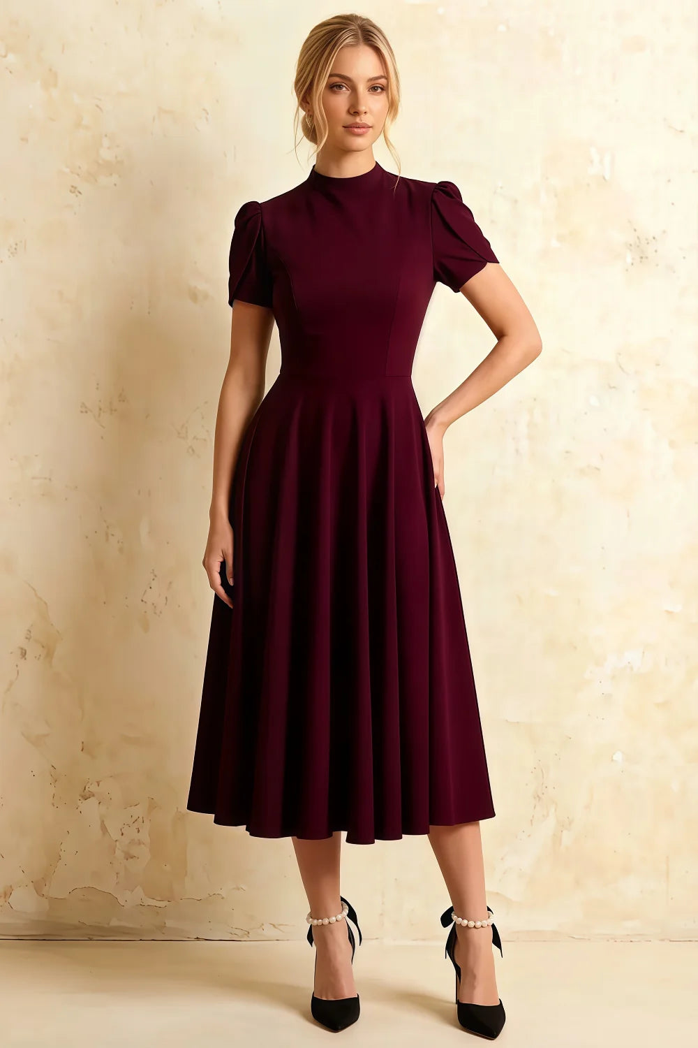 Iris Burgundy Scuba Crepe High Neck Midi Dress