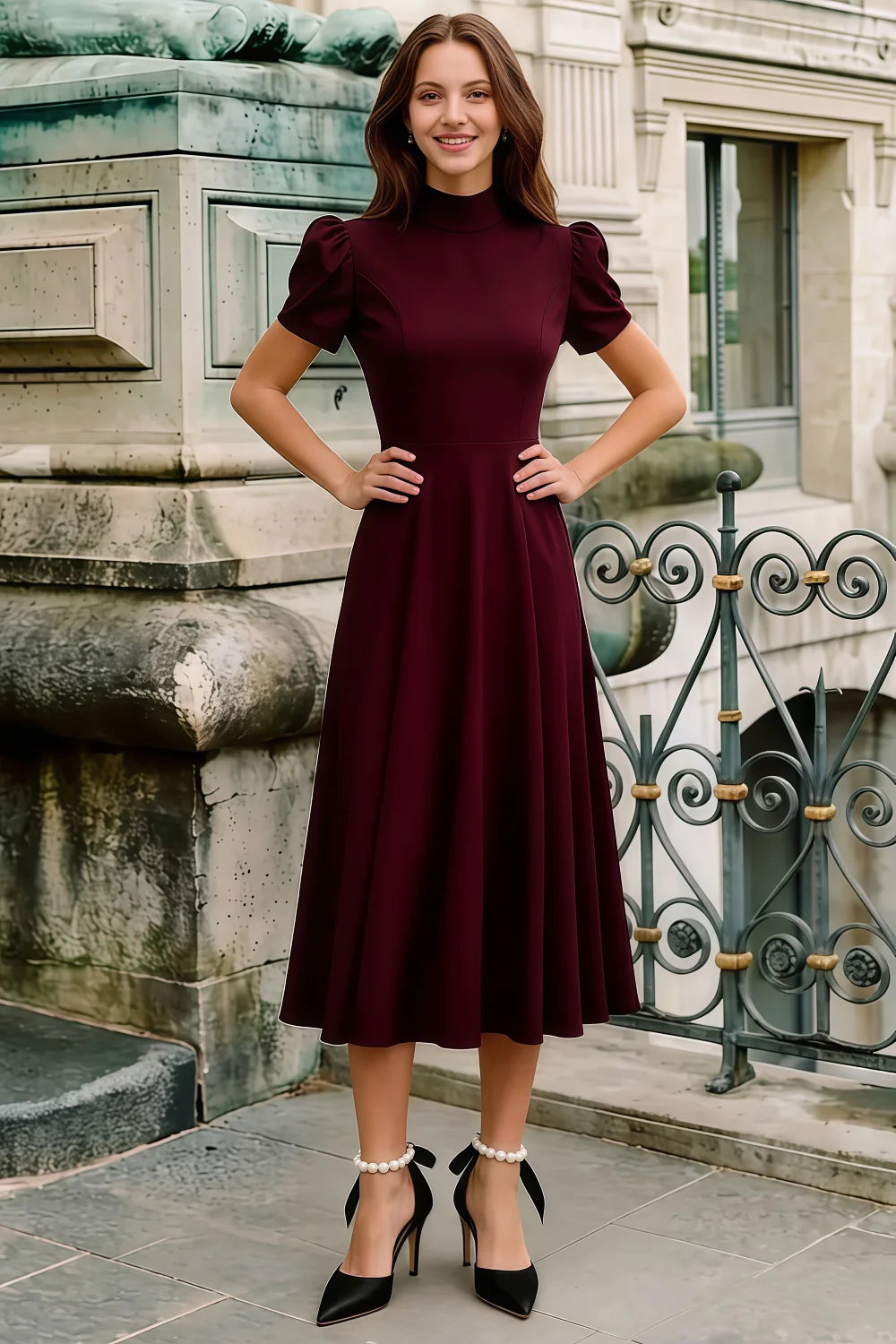Iris Burgundy Scuba Crepe High Neck Midi Dress