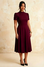 Iris Burgundy Scuba Crepe High Neck Midi Dress