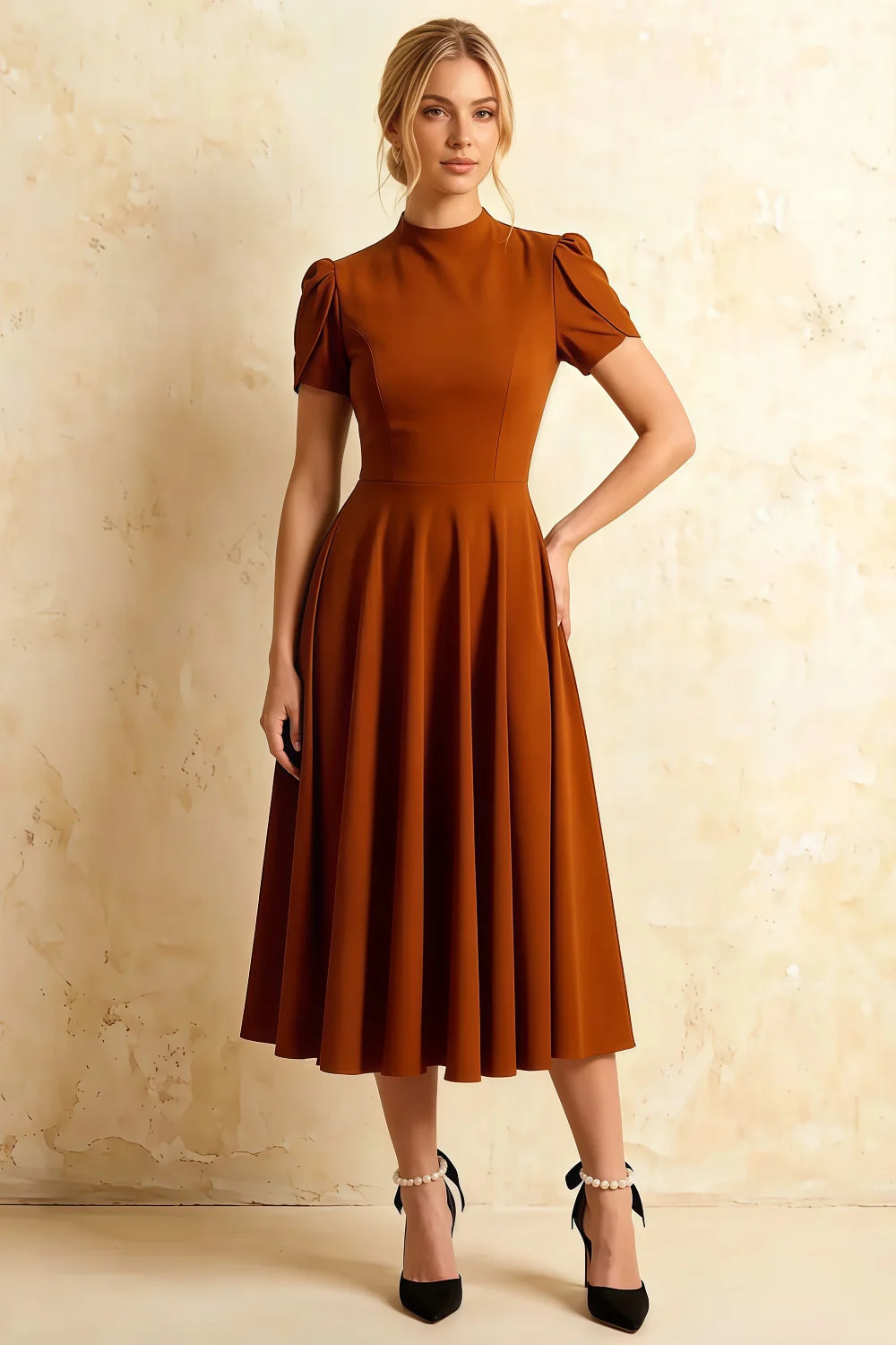 Iris Burnt Orange Scuba Crepe High Neck Midi Dress