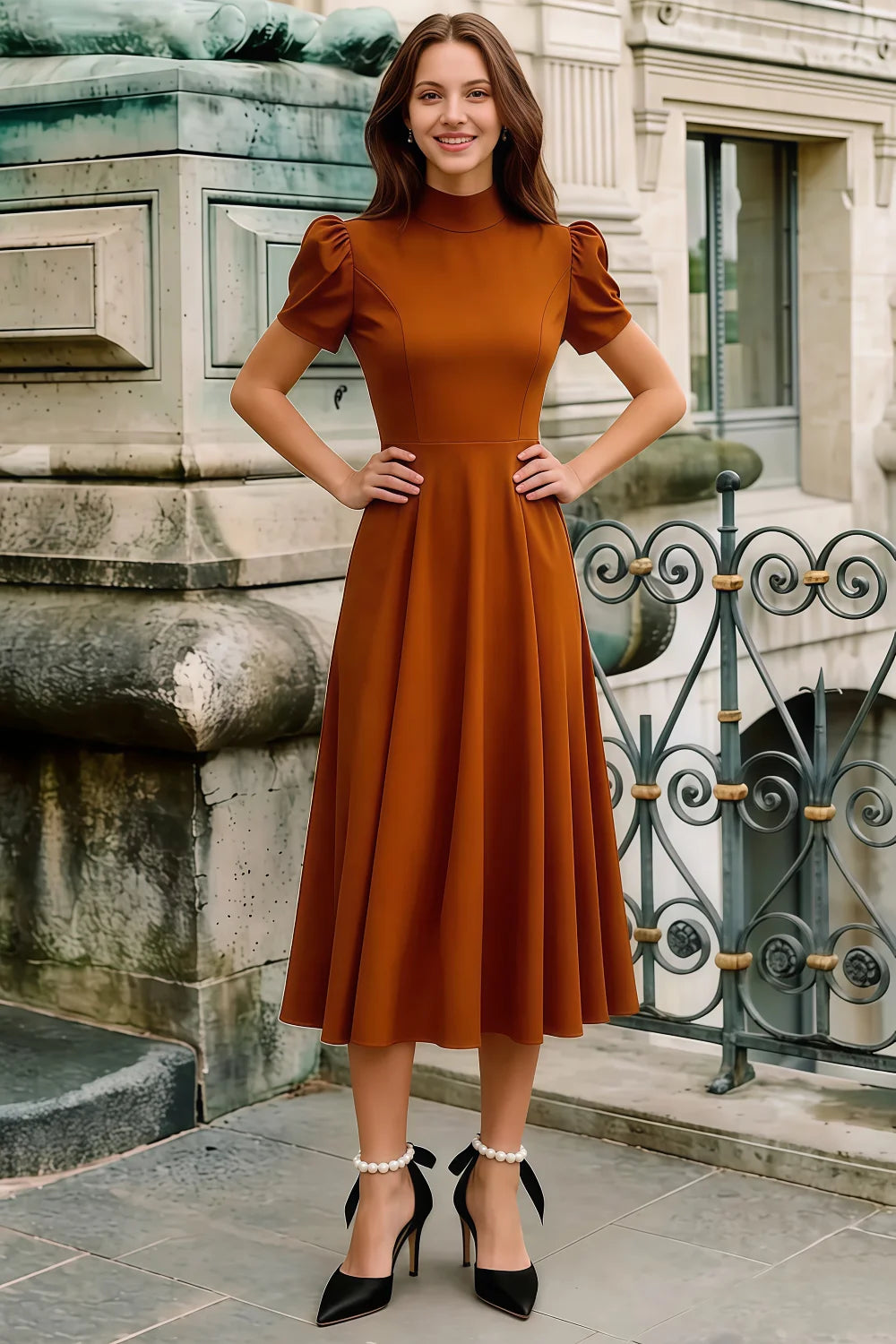 Iris Burnt Orange Scuba Crepe High Neck Midi Dress