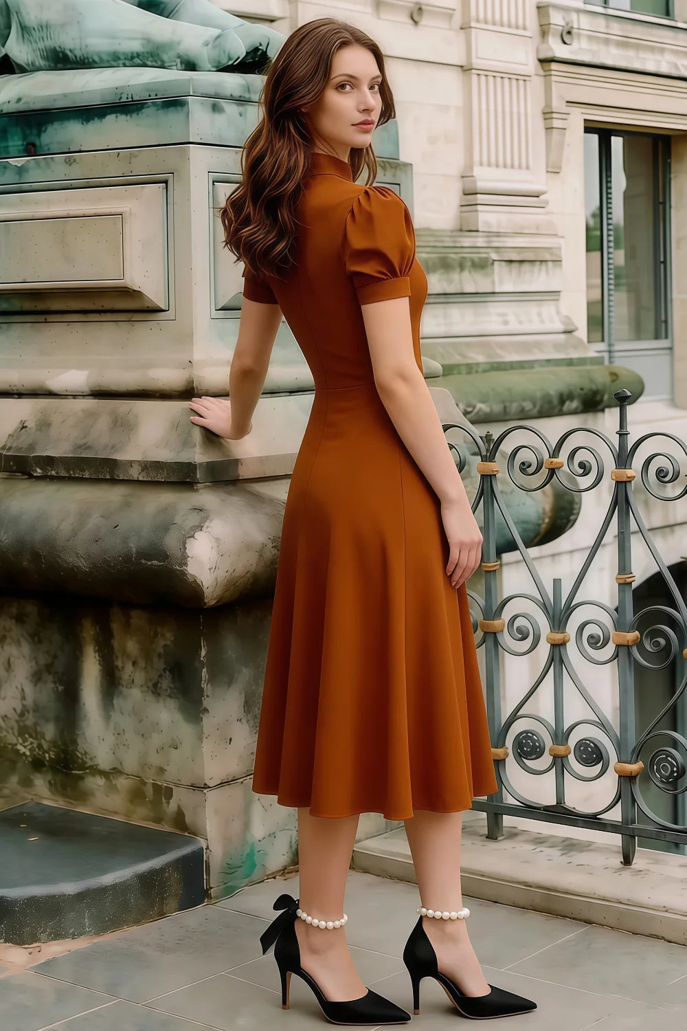 Iris Burnt Orange Scuba Crepe High Neck Midi Dress