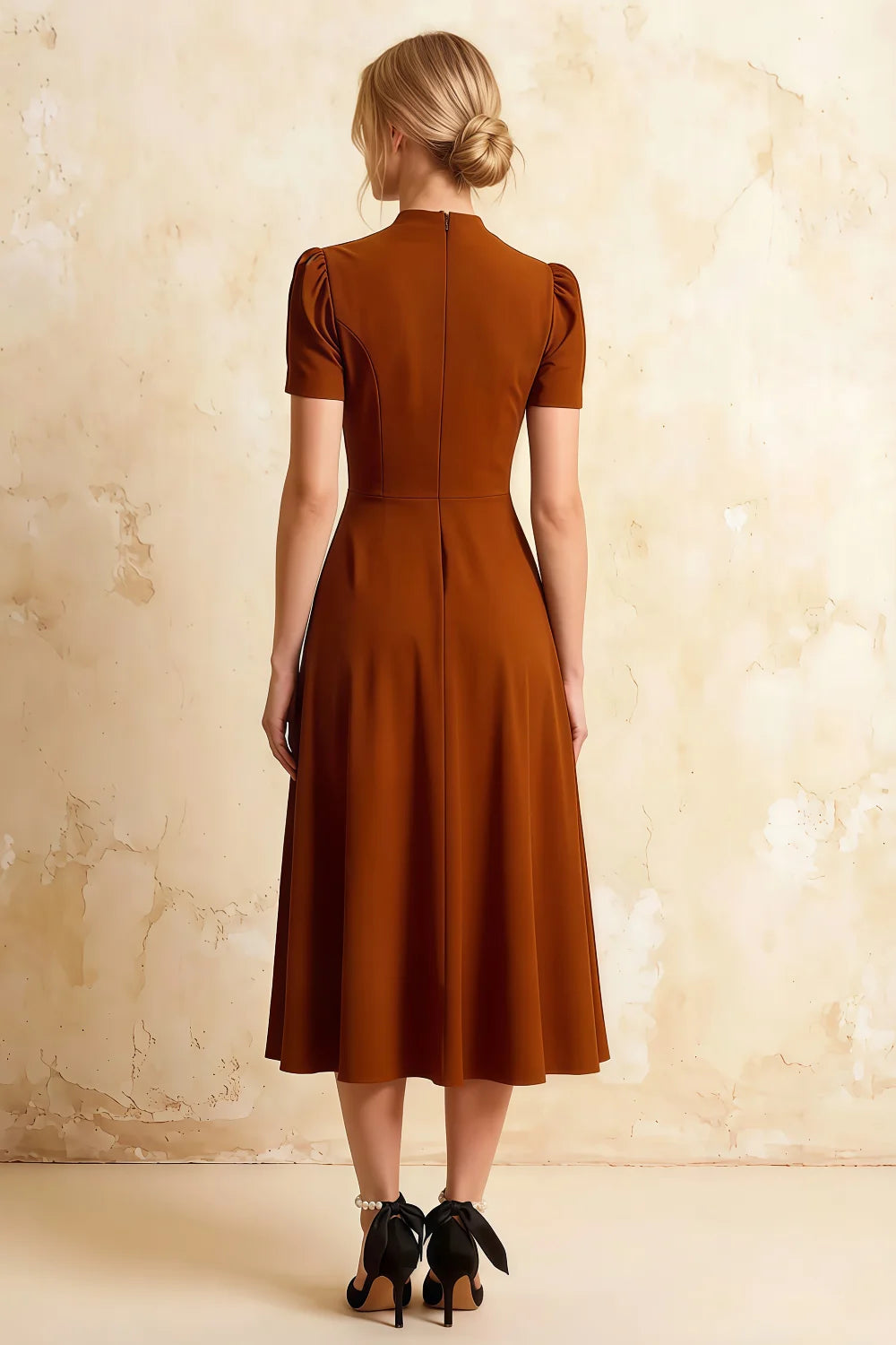 Iris Burnt Orange Scuba Crepe High Neck Midi Dress