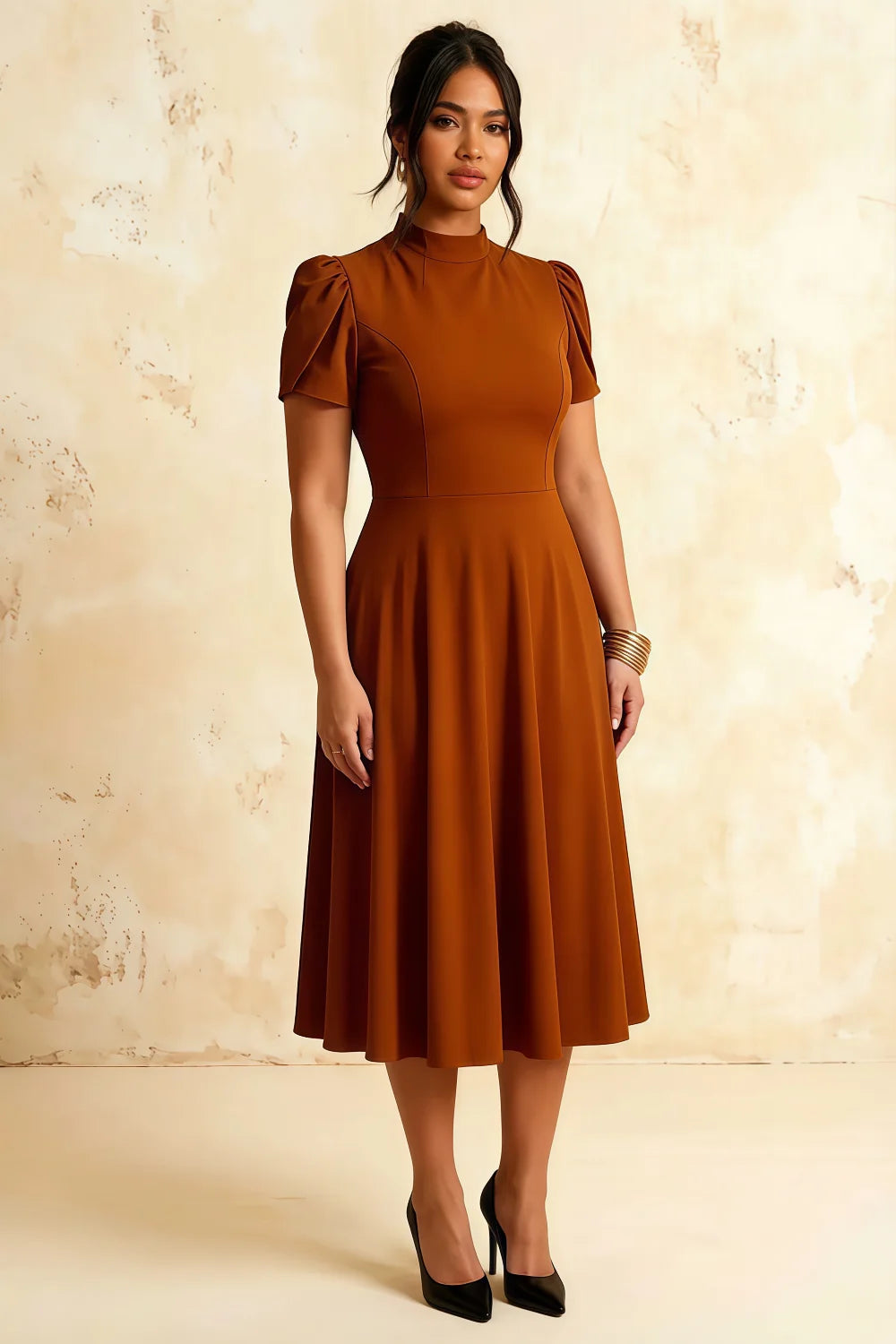 Iris Burnt Orange Scuba Crepe High Neck Midi Dress