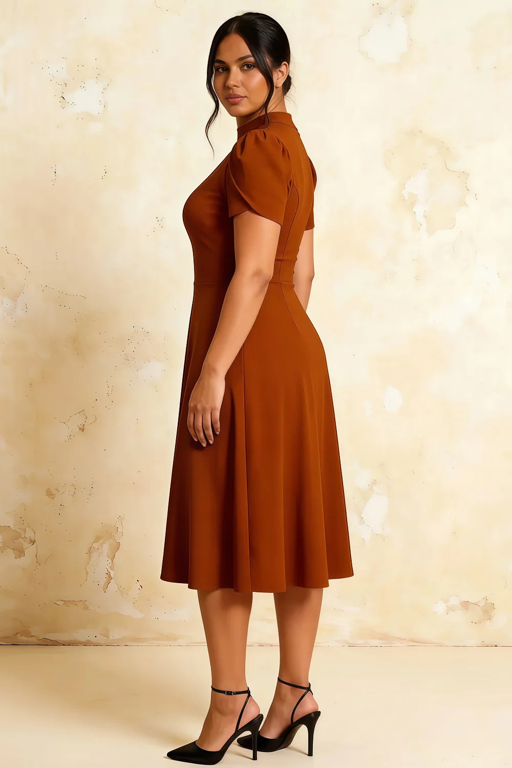 Iris Burnt Orange Scuba Crepe High Neck Midi Dress