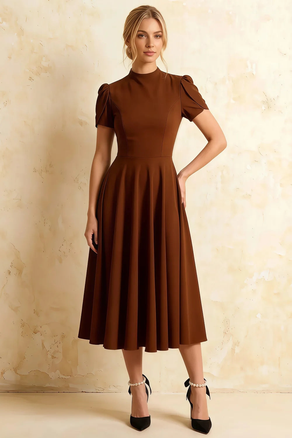 Iris Coffee Scuba Crepe High Neck Midi Dress Main image