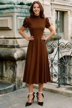 Iris Coffee Scuba Crepe High Neck Midi Dress