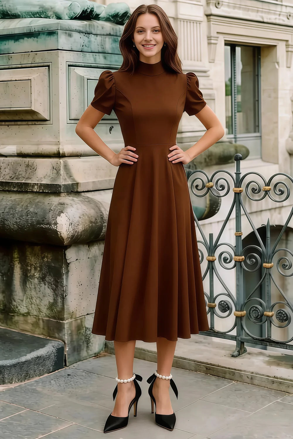 Iris Coffee Scuba Crepe High Neck Midi Dress