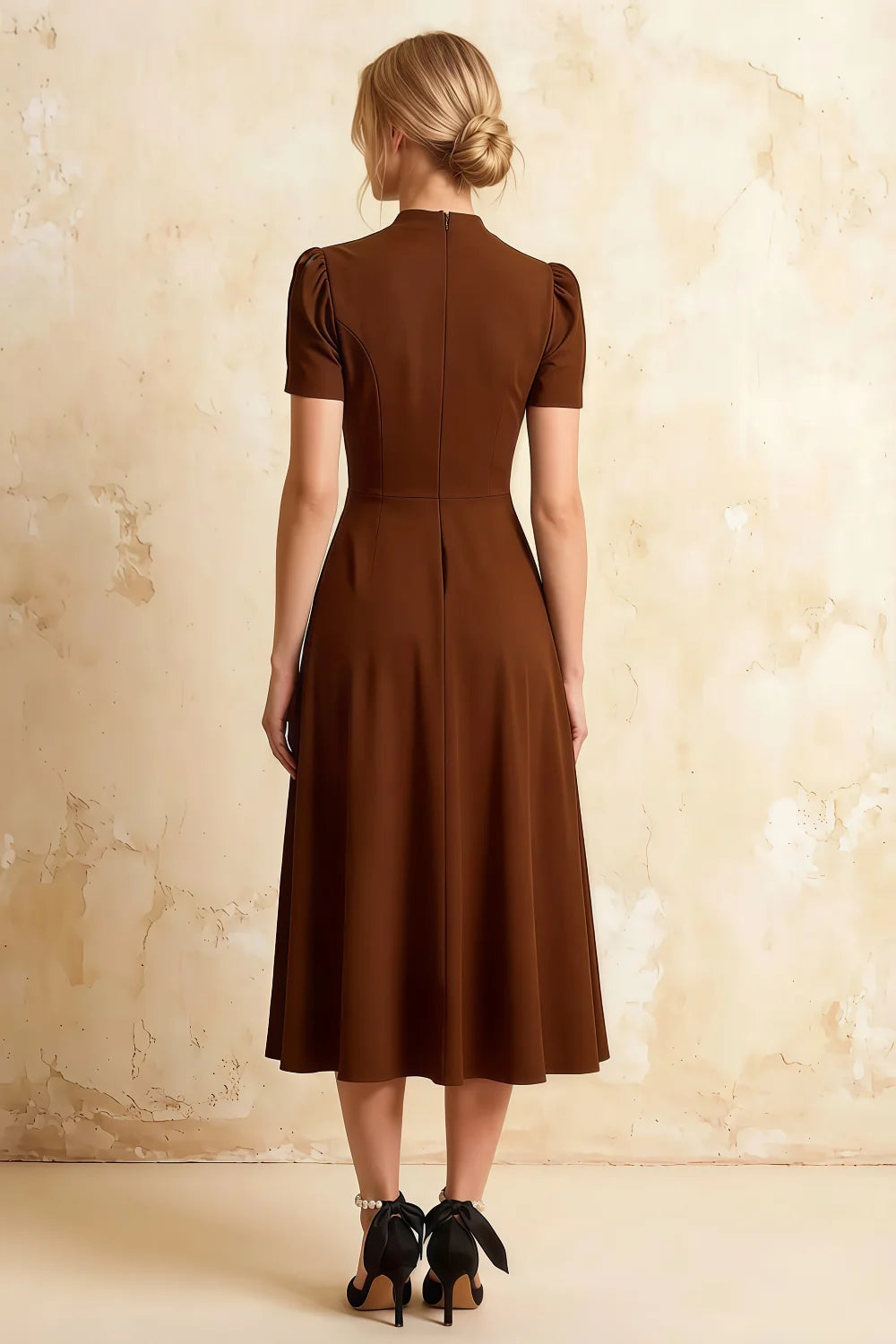 Iris Coffee Scuba Crepe High Neck Midi Dress