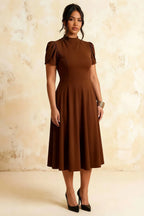 Iris Coffee Scuba Crepe High Neck Midi Dress