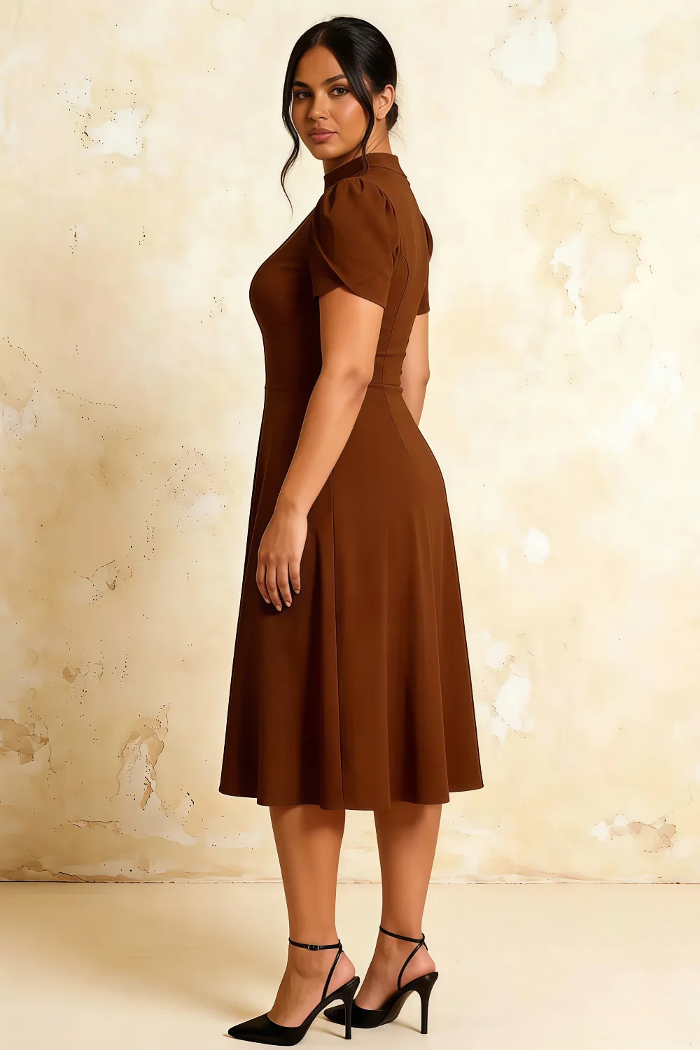 Iris Coffee Scuba Crepe High Neck Midi Dress
