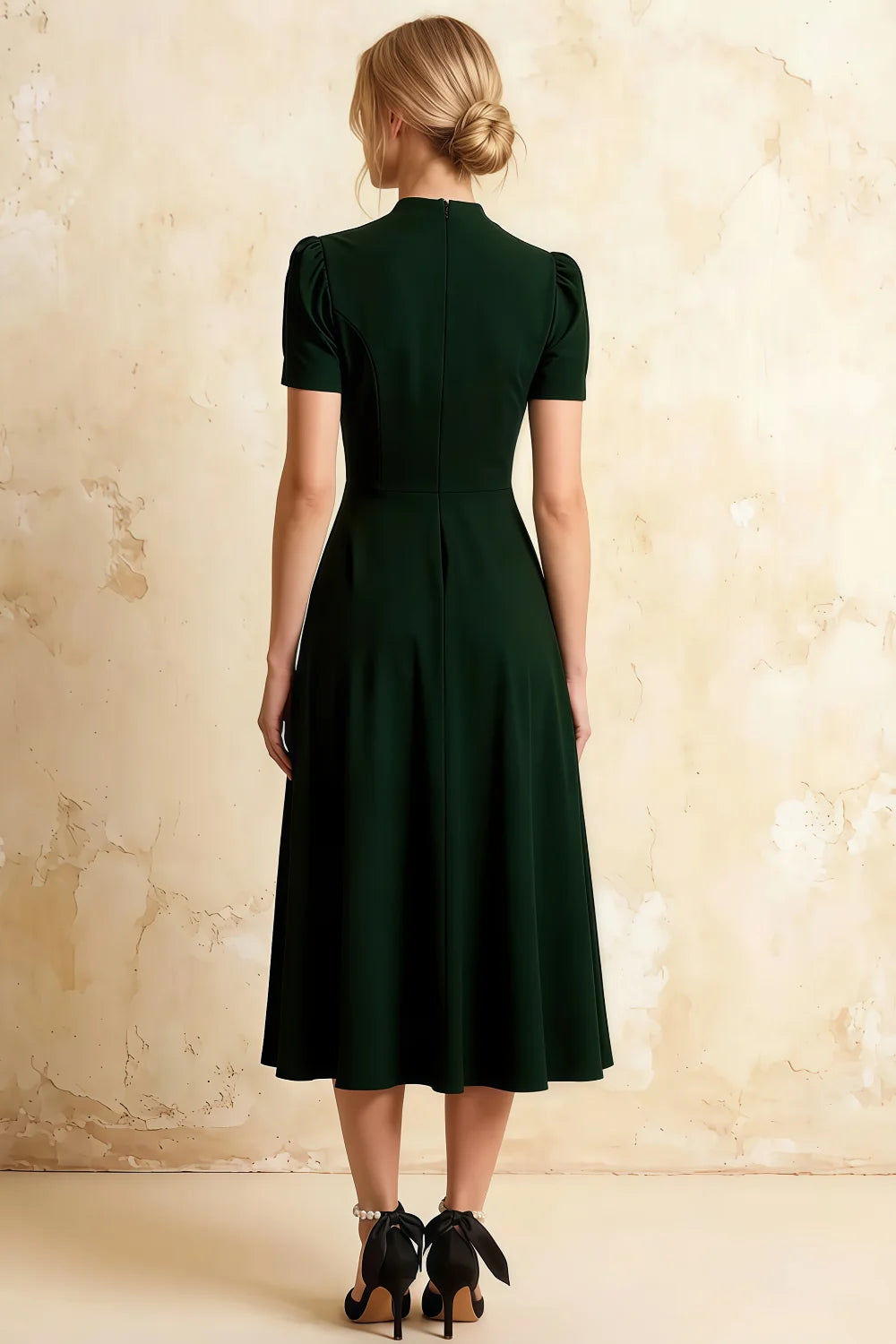 Iris Dark Green Scuba Crepe High Neck Midi Dress