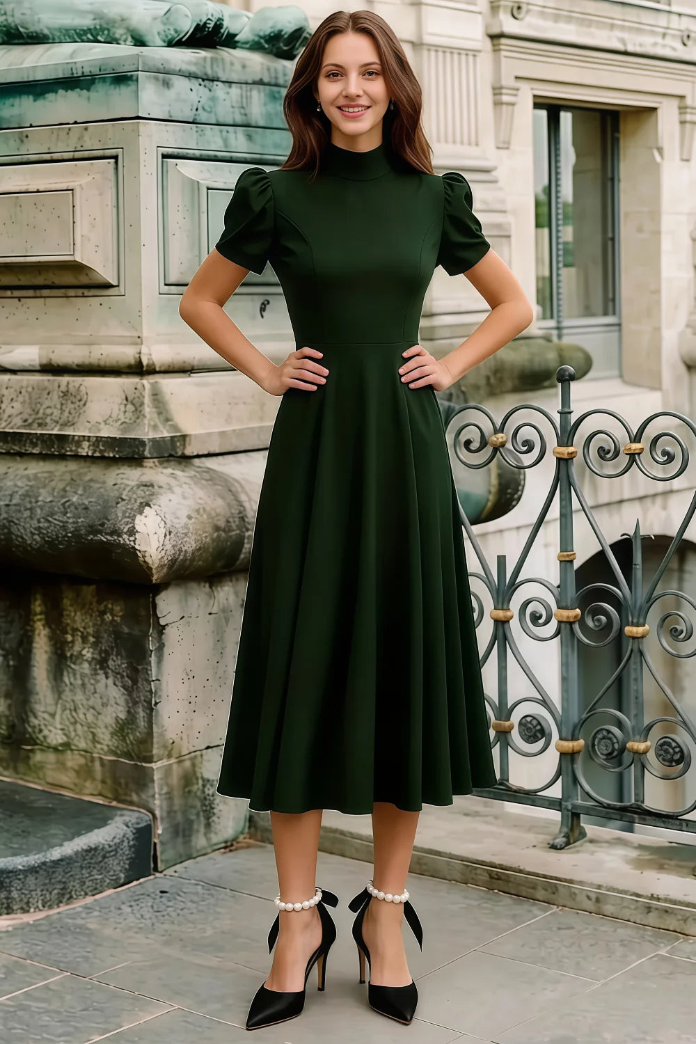 Iris Dark Green Scuba Crepe High Neck Midi Dress