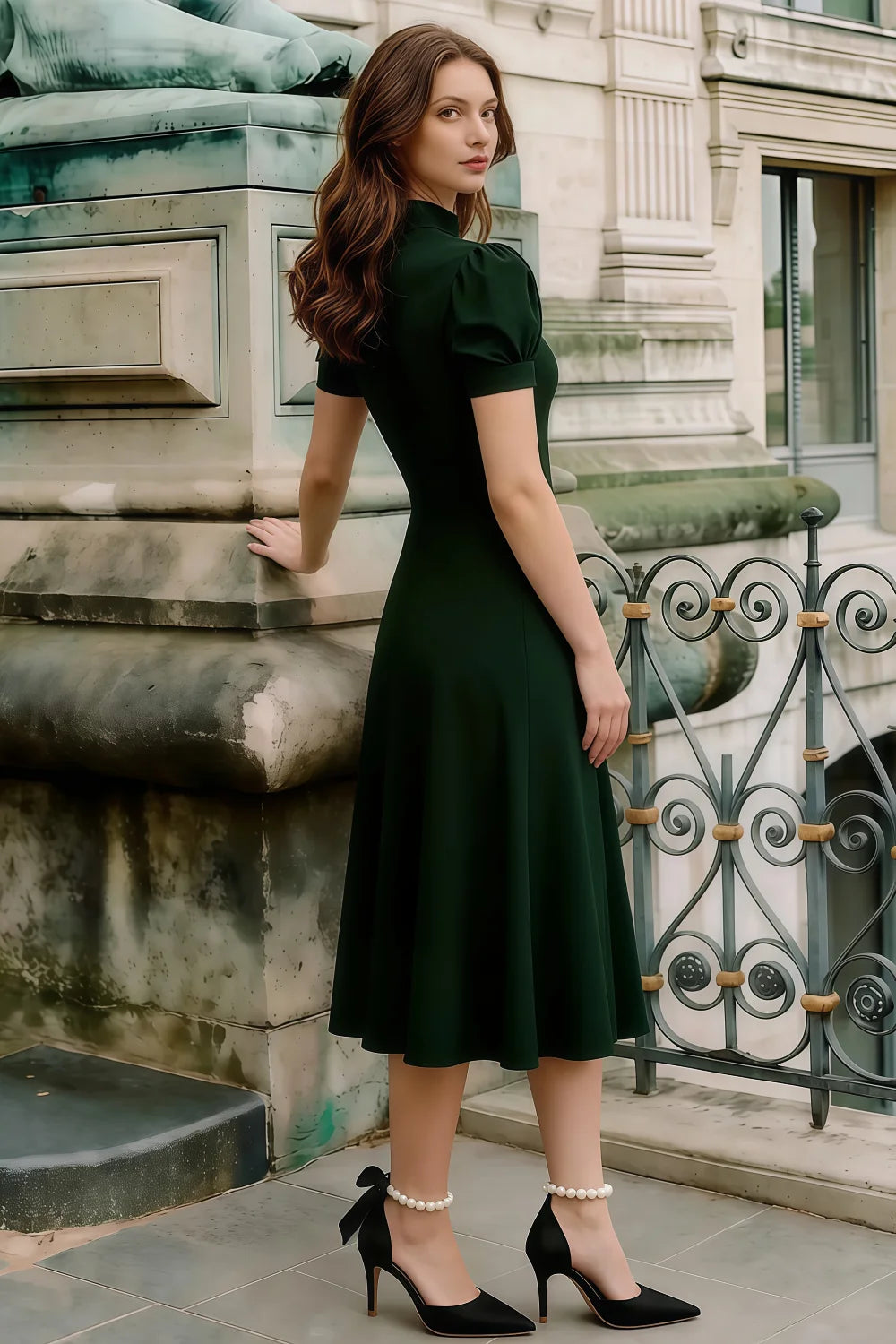 Iris Dark Green Scuba Crepe High Neck Midi Dress