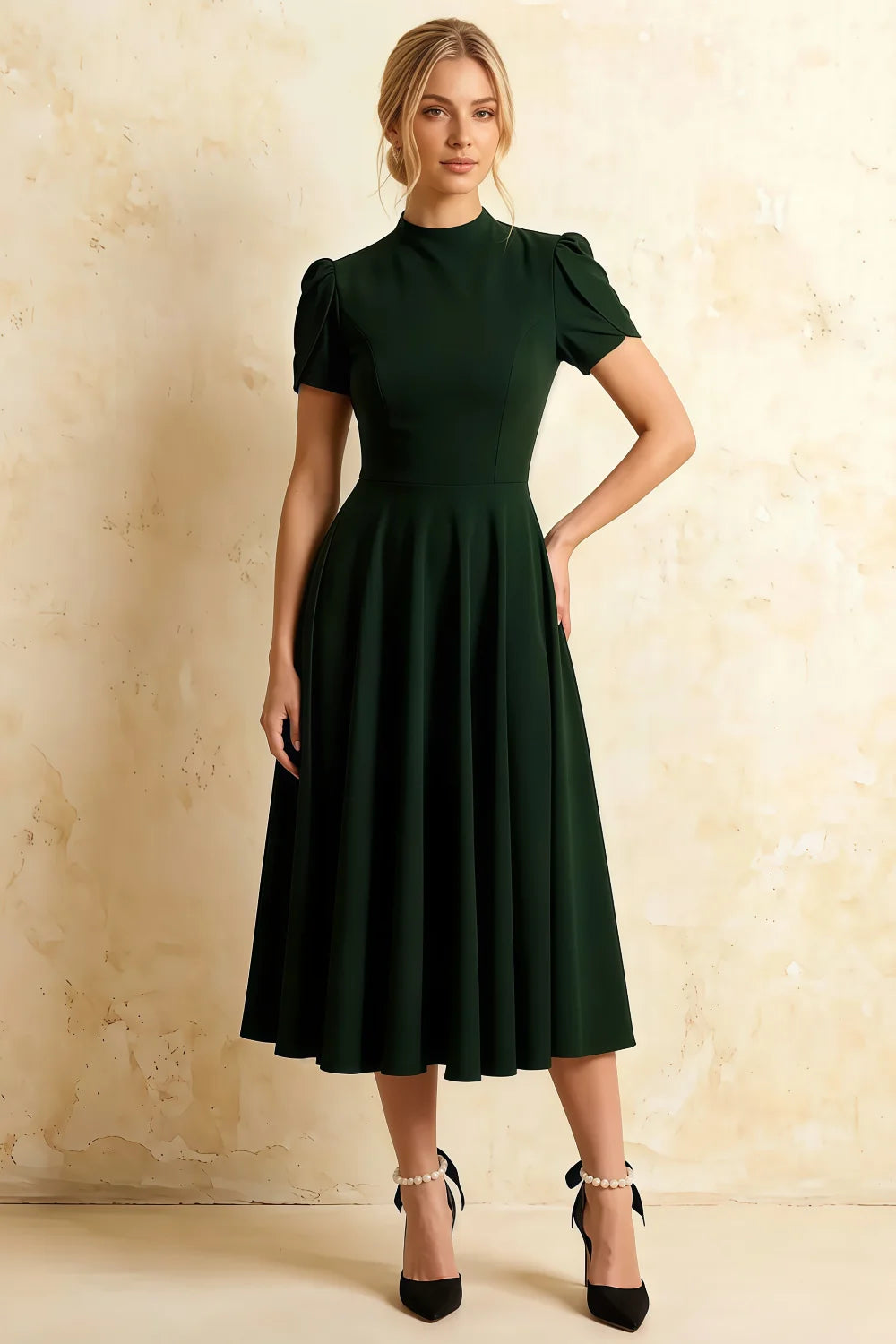 Iris Dark Green Scuba Crepe High Neck Midi Dress