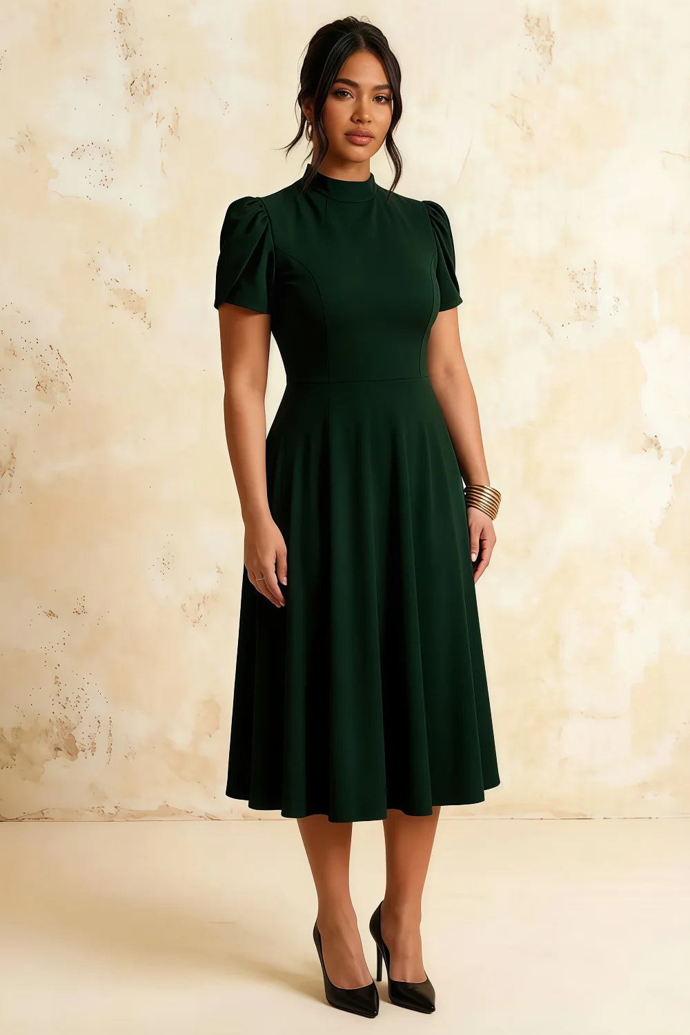 Iris Dark Green Scuba Crepe High Neck Midi Dress