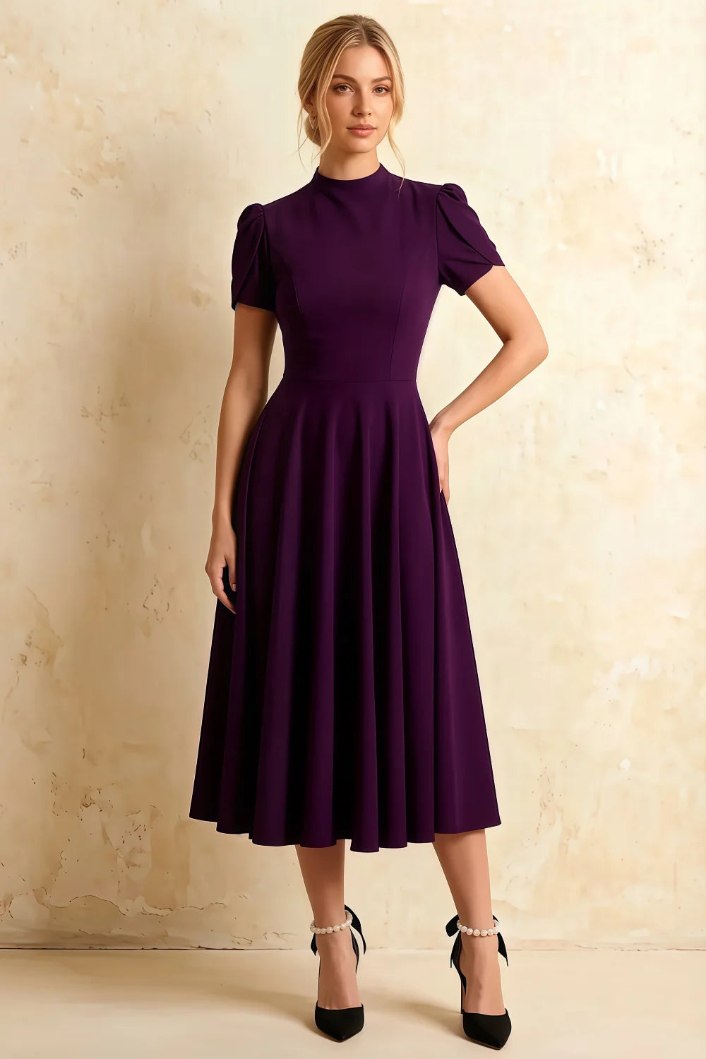 Iris Grape Scuba Crepe High Neck Midi Dress Main image