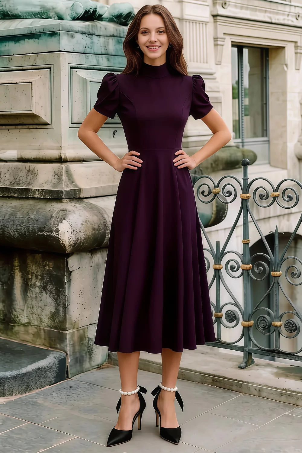 Iris Grape Scuba Crepe High Neck Midi Dress