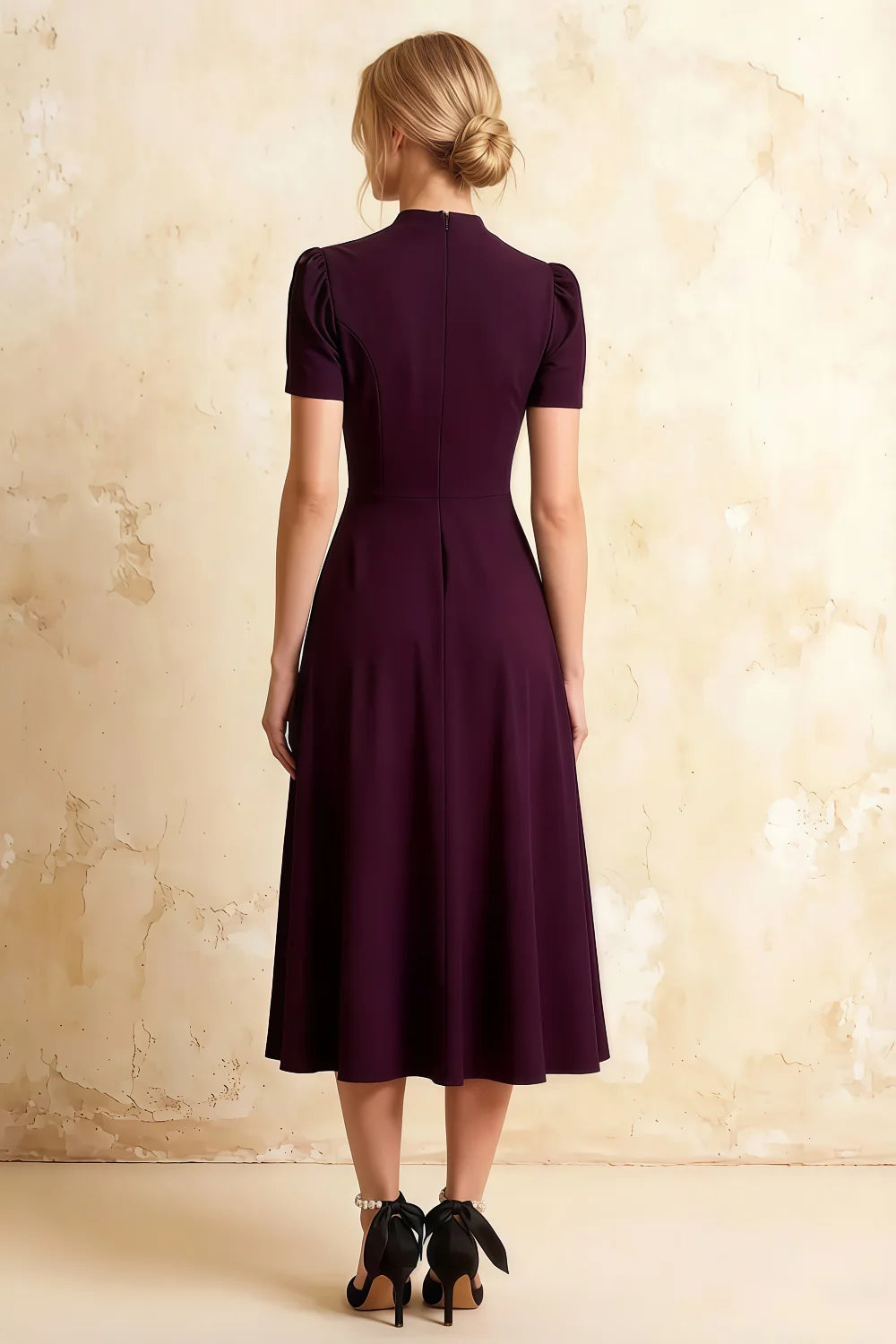 Iris Grape Scuba Crepe High Neck Midi Dress