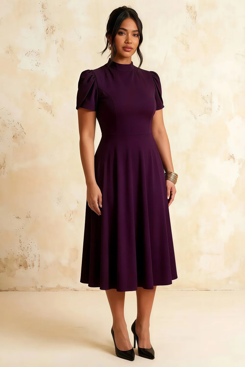 Iris Grape Scuba Crepe High Neck Midi Dress