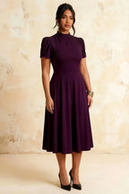 Iris Grape Scuba Crepe High Neck Midi Dress