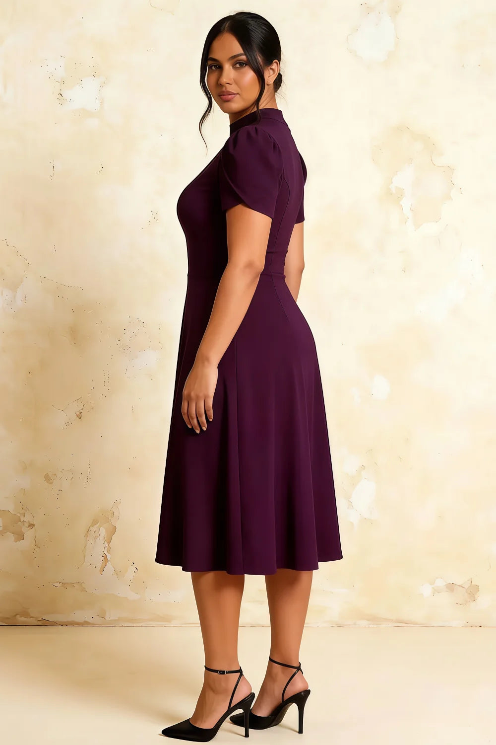 Iris Grape Scuba Crepe High Neck Midi Dress