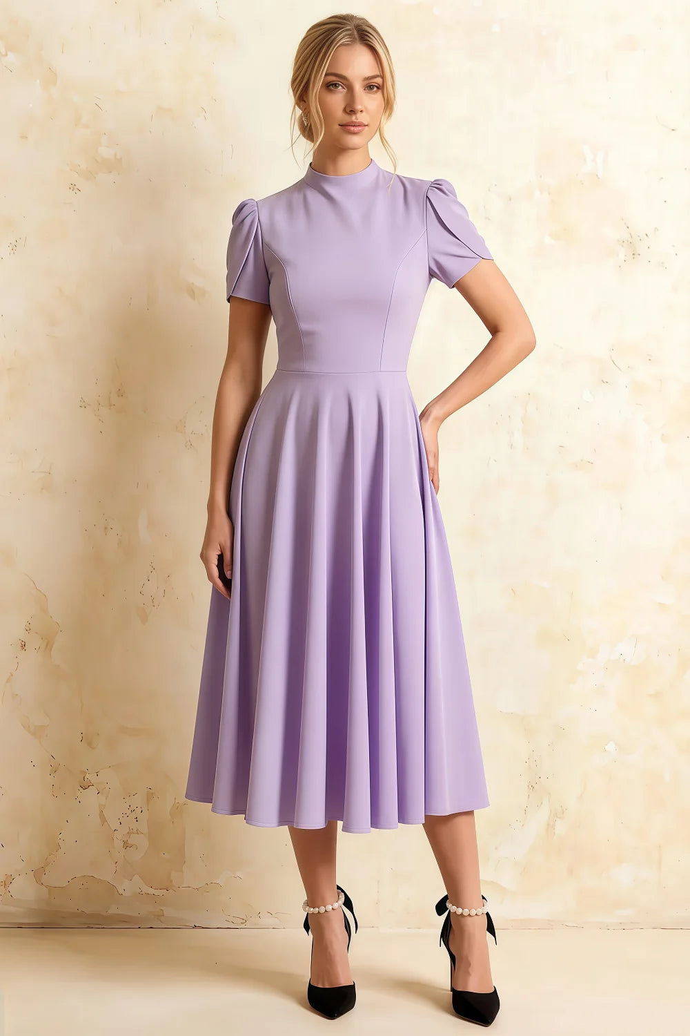 Vestido midi Iris Lavender de cuello alto en crepé de buceo