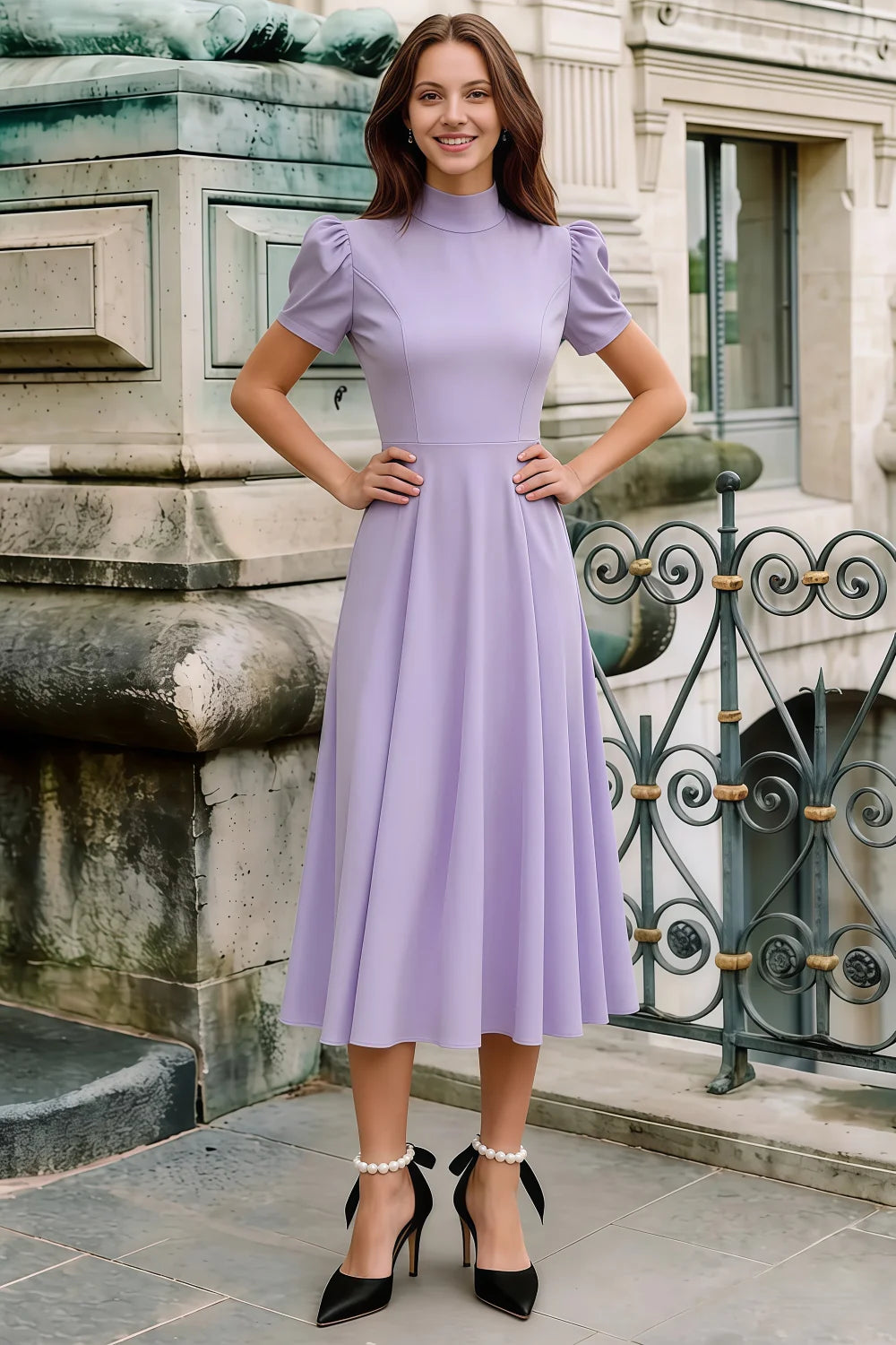 Vestido midi Iris Lavender de cuello alto en crepé de buceo
